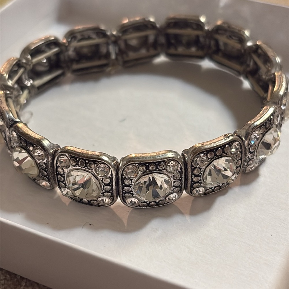 Silver Tone Clear Rhinestone Stretch Bracelet - Picture 3 of 3